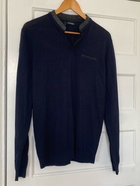 The Kooples navy wool sweater with black lamb leather-trim collar